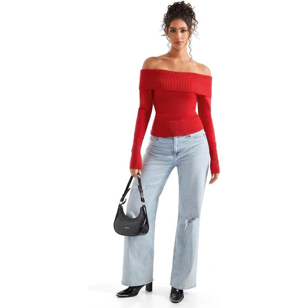 Women Red Brown Off Shoulder Long Sleeve Tops Blouse Sweaters - Picture 2 of 6